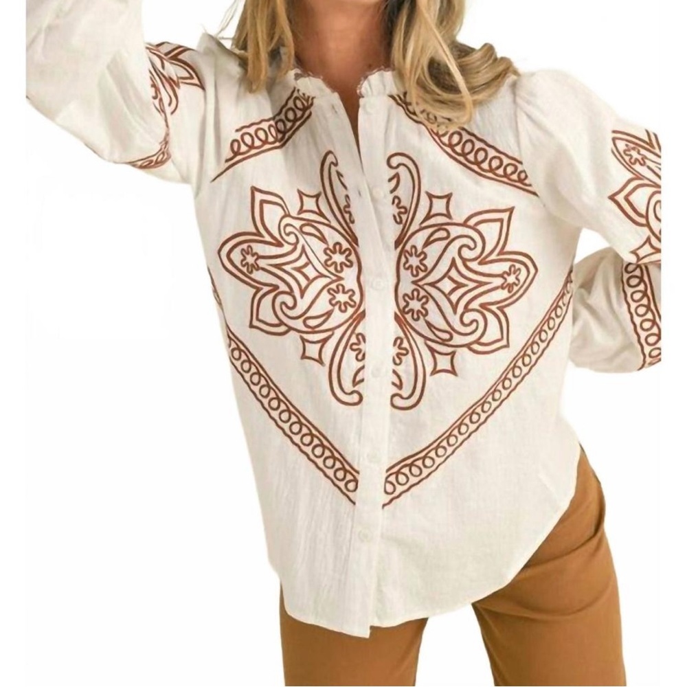 NWT &merci Western Embroidered Top In White SIZE M - Picture 4 of 11